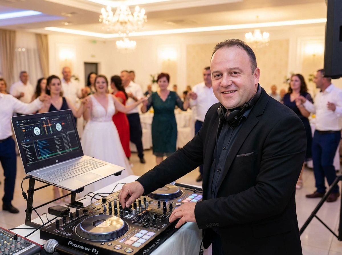 DJ Trayanov свири на сватба, докато младоженци и гости танцуват и пеят
